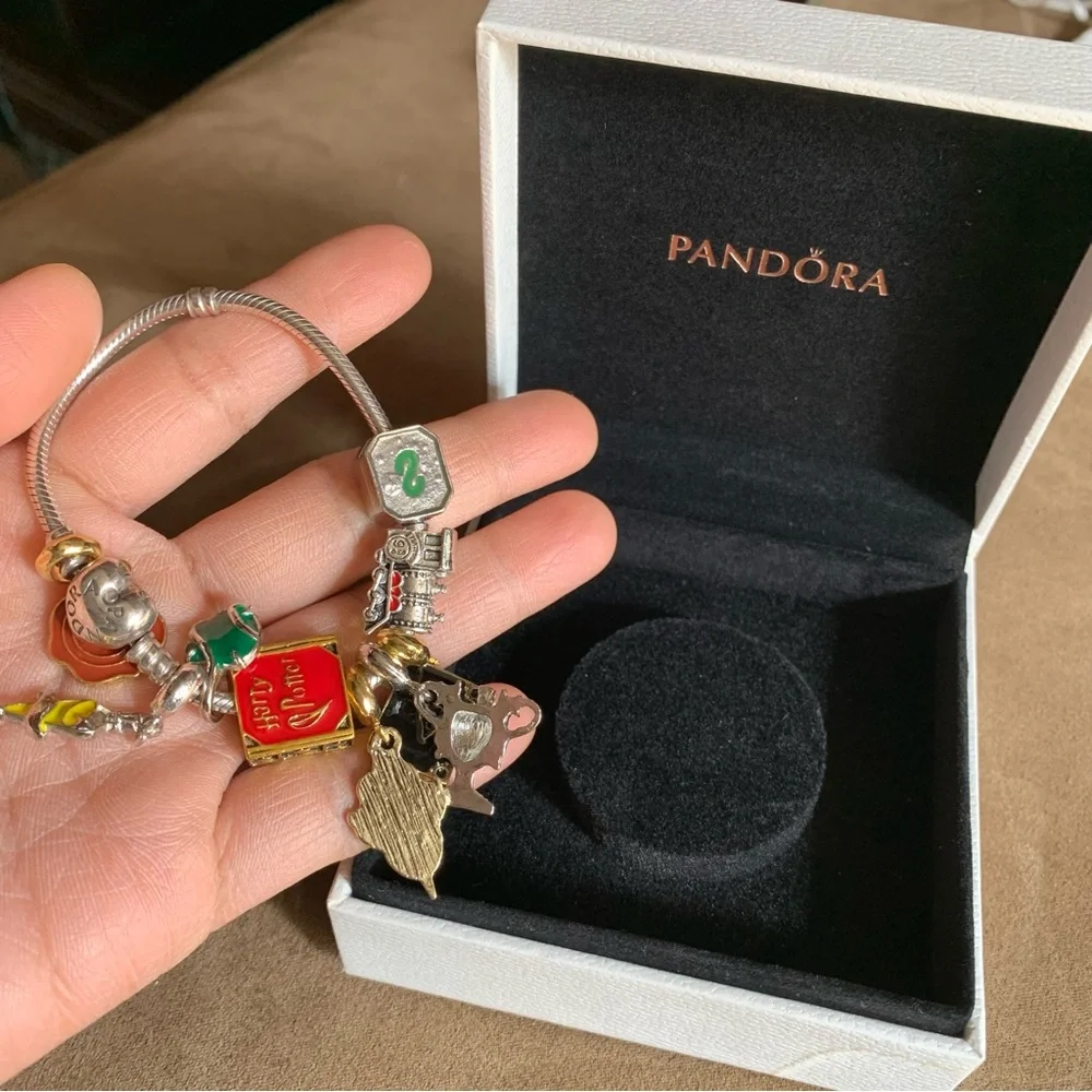 Pandora Snake Chain Heart Clasp Bracelet w/ NEW 9 Harry Potter Themed Charms EUC - Picture 2 of 11